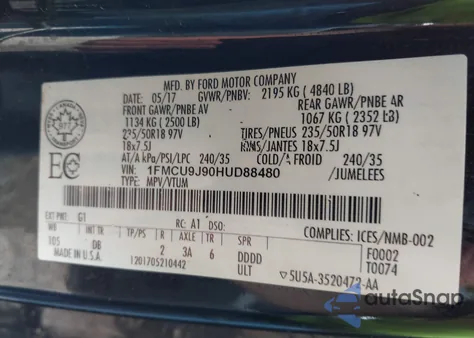 2017 Ford Escape Titanium из США, поврежденный, VIN 1FMCU9J90HUD88480